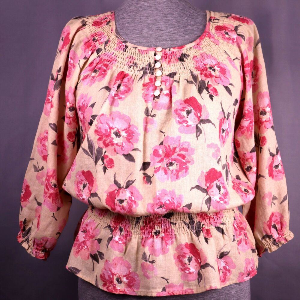 IZOD S/P Cotton Floral Blouse Warm undertones Pink, Elastic, Cinch Waist, Ruffle